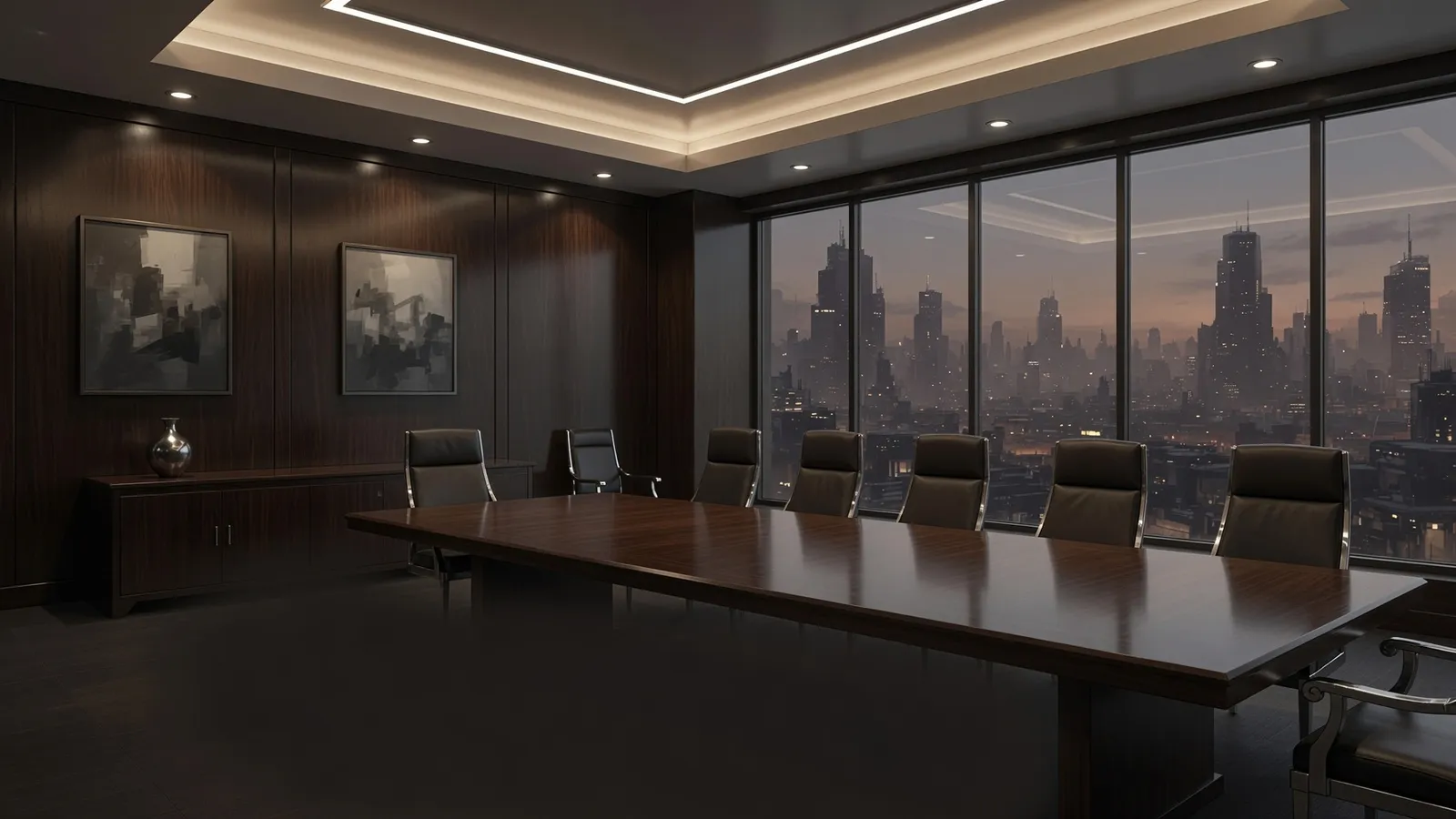 An empty executive boardroom at dusk — dark panelling, a long table, and a city skyline through the window wall.
